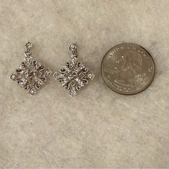 EARRINGS STERLING SILVER 925 MARCASITE SQUARE DIAMOND HINGED DROP DANGLE POST - Picture 4 of 6